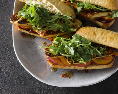 Fried Halloumi Sandwiches with Peaches, Arugula and Honey