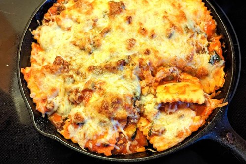 Cheesy Baked Skillet Ravioli Lasagna Primavera Recipe for Meatless Monday