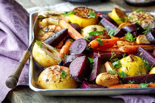 Roasted Fall Vegetables with Maple, Thyme and Apple