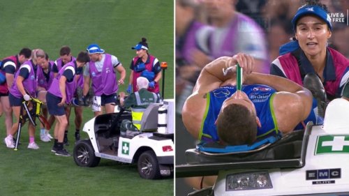 Callum Coleman-Jones goes down with Achilles injury during Good Friday AFL clash against Carlton