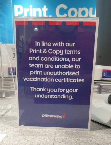 Officeworks stores won’t print unauthorised or fake vaccination certificates under its terms and conditions