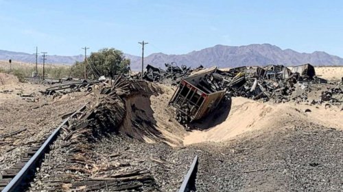 Train carrying iron ore derails in San Bernardino County, California