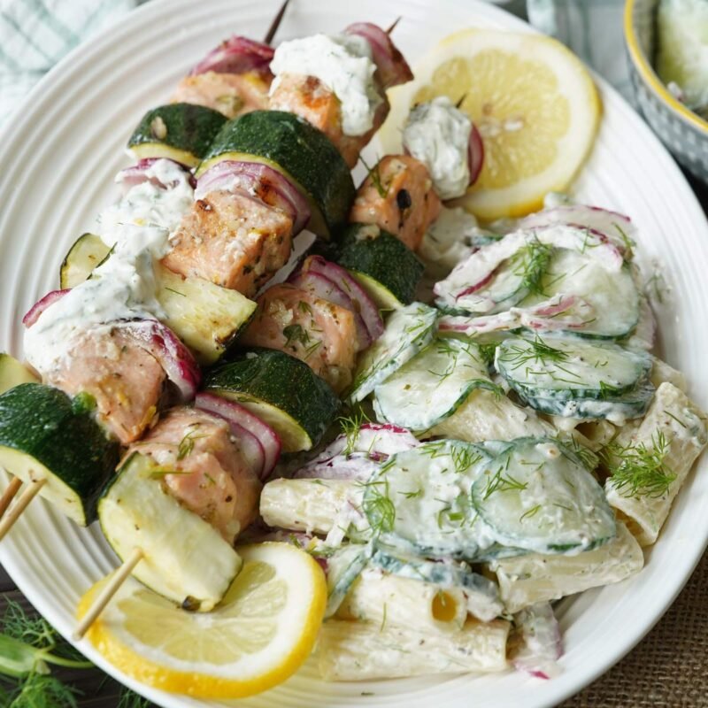 Mediterranean Salmon Skewers & Creamy Cucumber Pasta Salad