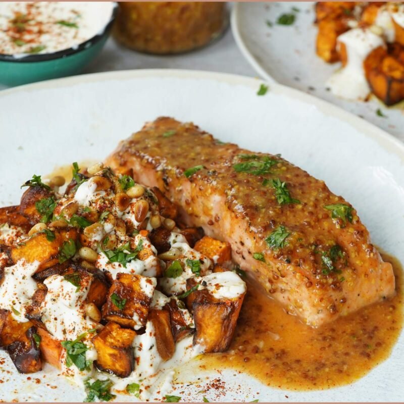 Maple Dijon Salmon & Roasted Sweet Potatoes