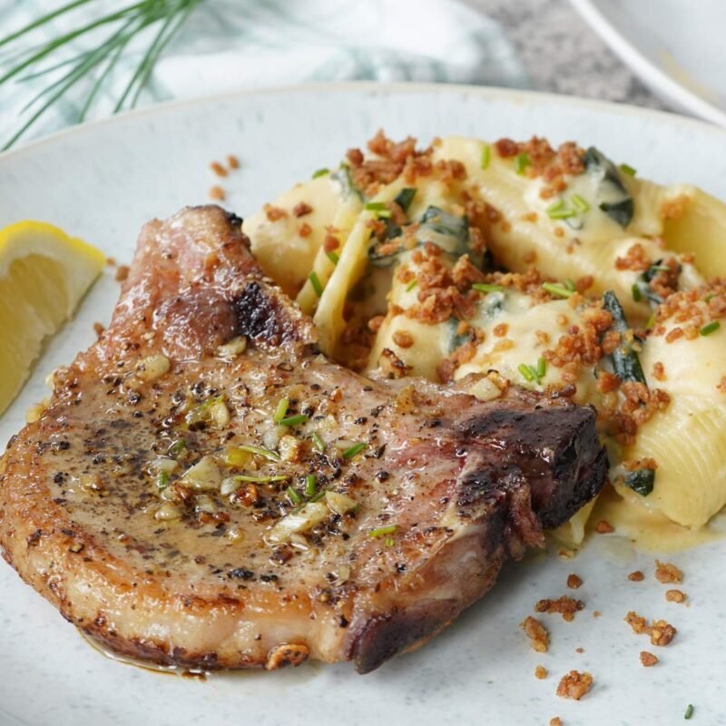 Garlic Butter Pork Chops with Elevated Mac & Cheese