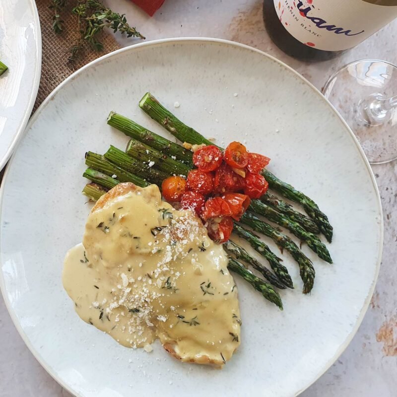 Chicken in White Wine Sauce with Roasted Parmesan Asparagus