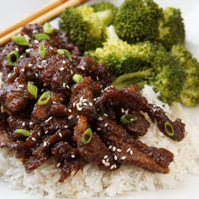Crispy Mongolian Beef with Rice & Broccoli