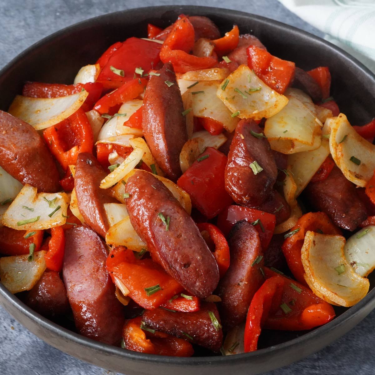 Air Fryer Sausage and Peppers (+Onions)