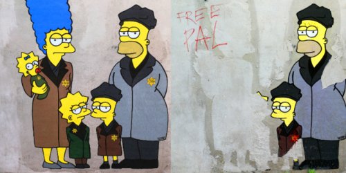 Jewish Simpsons Mural Defaced by Antisemitic, Pro-Palestinian Vandals at Shoah Memorial in Milan