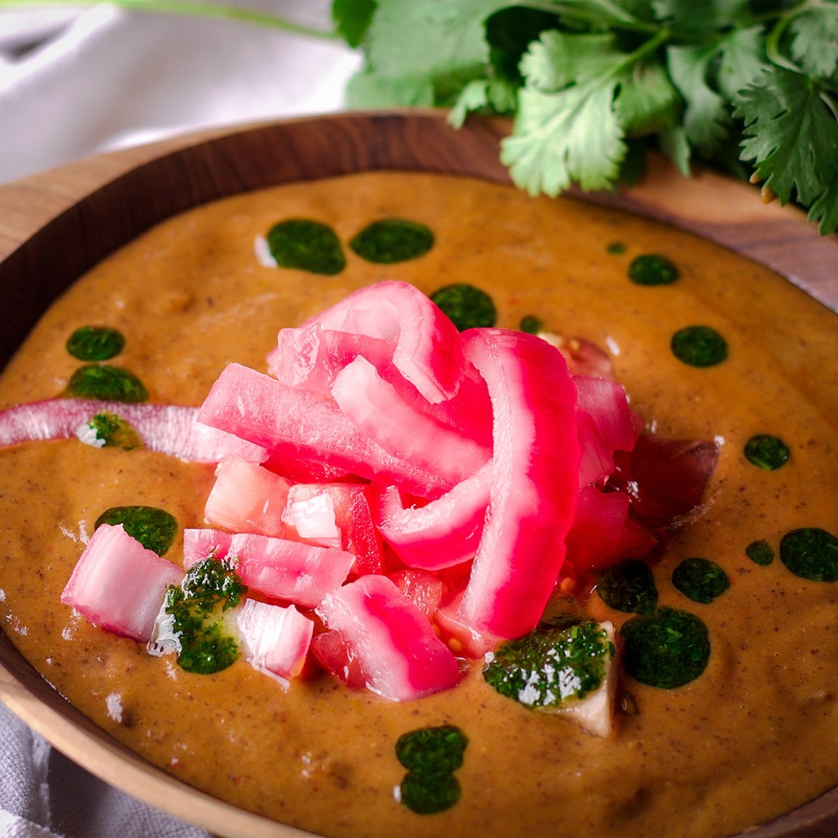 Black Bean Soup with Pickled Onions and Cilantro Oil