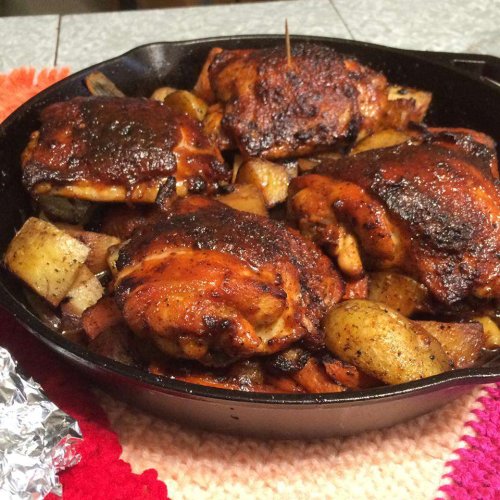 Cast Iron Honey-Sriracha Glazed Chicken with Roasted Root Vegetables