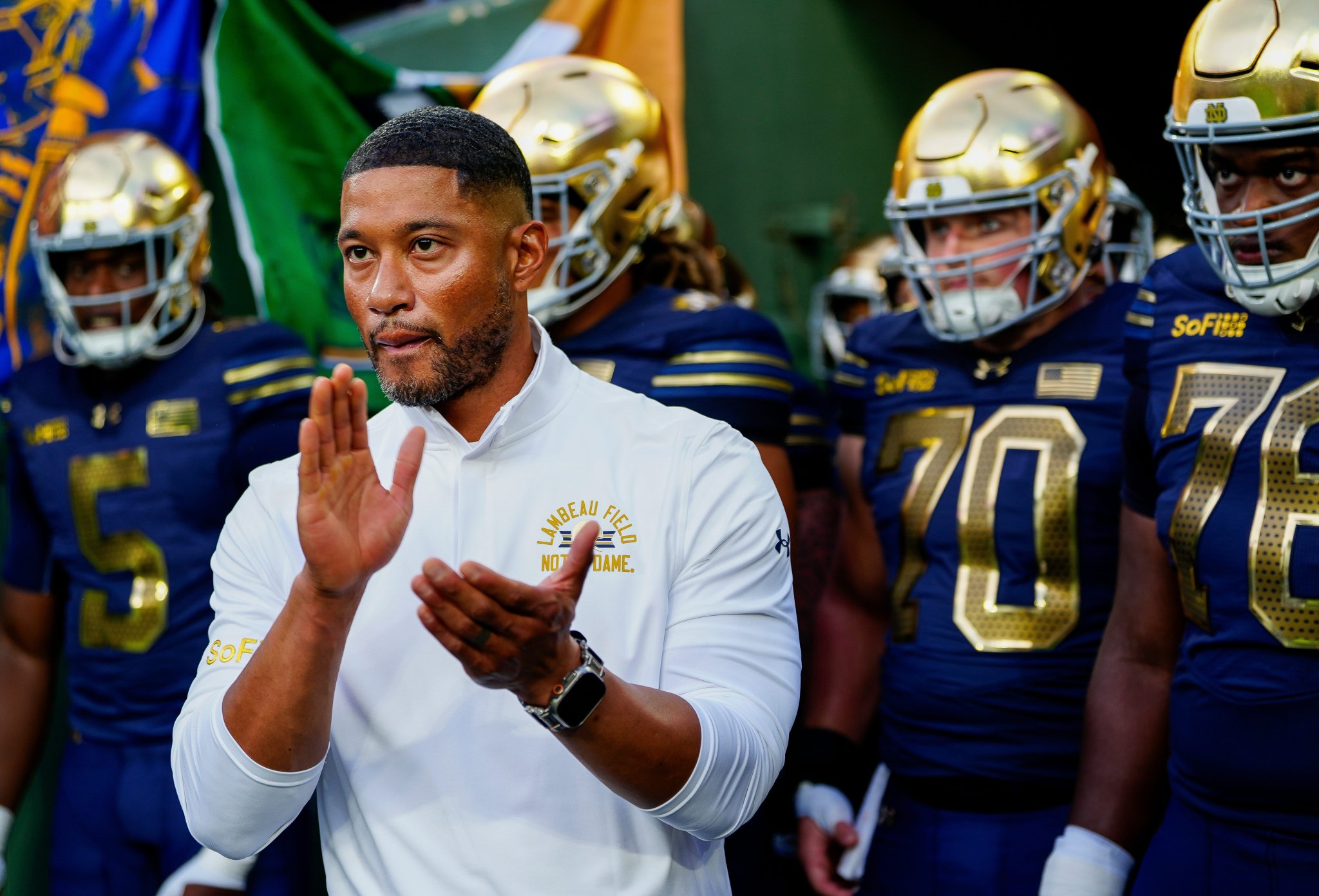 Notre Dame football’s Marcus Freeman on painted hairline: 'If rain's in the forecast, put a hat on'