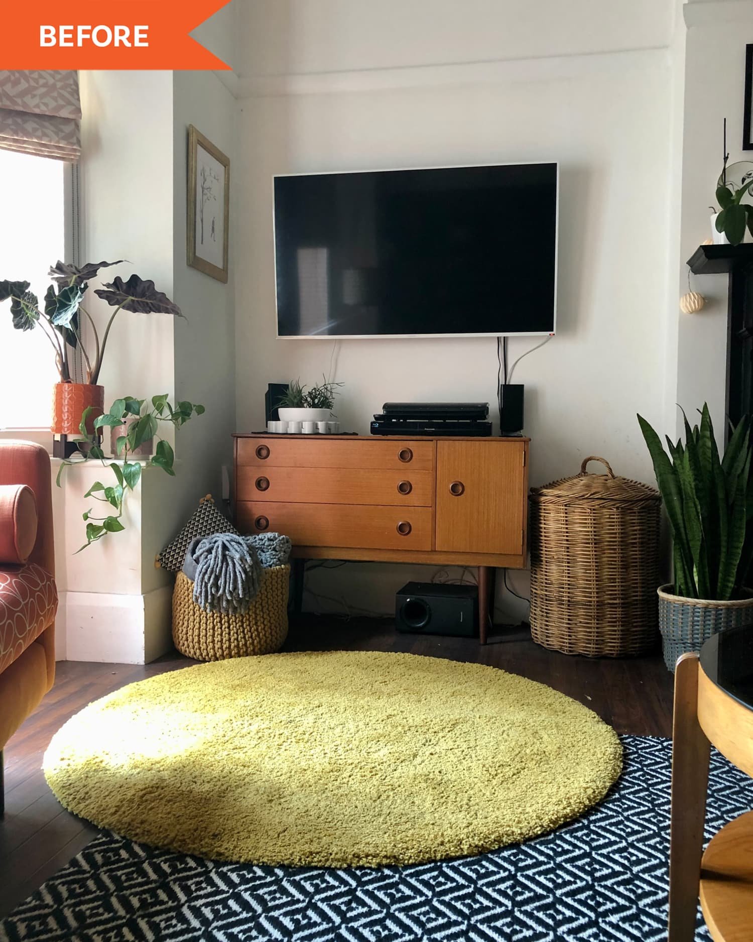 Before and After: A TV Wall Transformed in Less Than a Day, Thanks to Paint Sample Pots