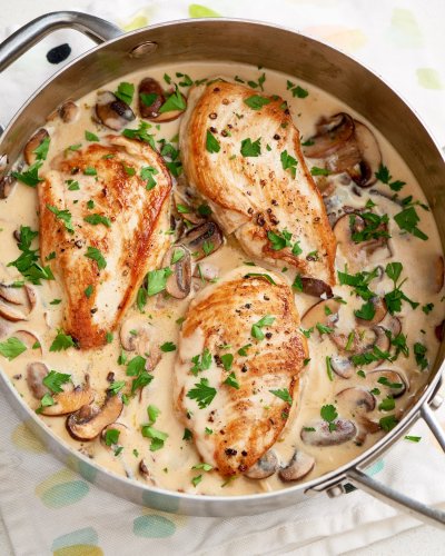 Make One-Skillet Chicken with Garlicky Mushroom Cream Sauce