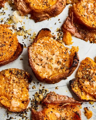 These Cheesy Garlic Smashed Sweet Potatoes Are Irresistible