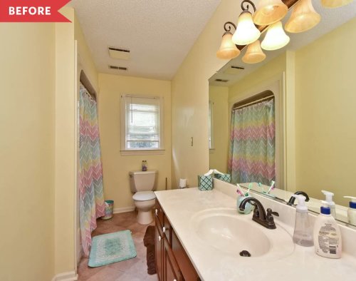 Before and After: A 1980s Bathroom Ditches the Yellow But Stays Bright and Cheery for $800