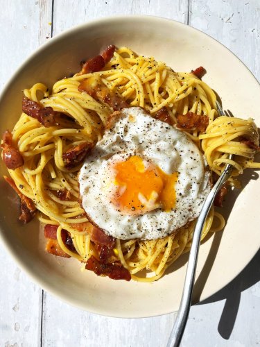 Creamy Bacon and Egg Pasta with Bacon-Fried Eggs