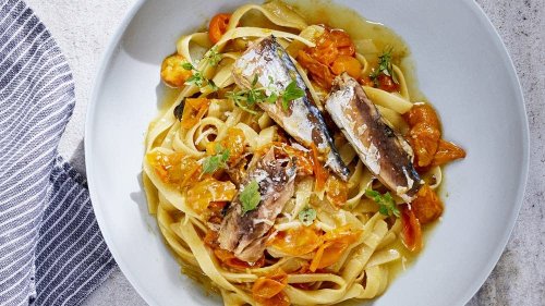 Fettuccine with Mackerel, Sun Gold Tomatoes, and Parmesan