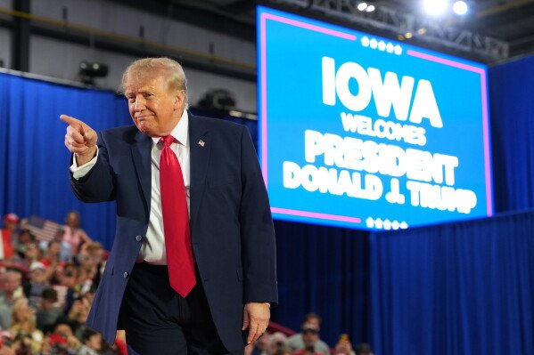 Image from AP's coverage: Ashley Hinson shows Republicans' midterm balancing act as Trump comes to boost Iowa turnout