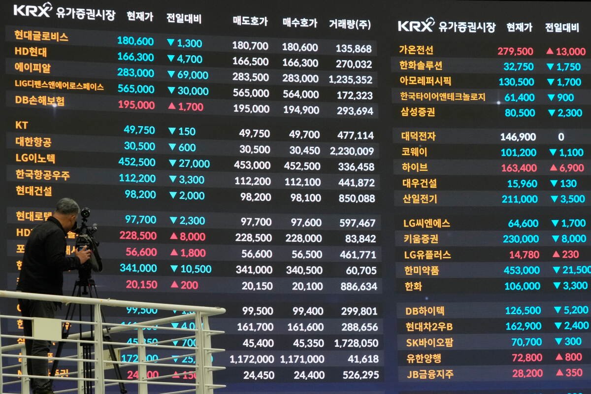 Image from AP's coverage: South Korea’s benchmark Kospi index sinks more than 7% as tech sell-off deepens