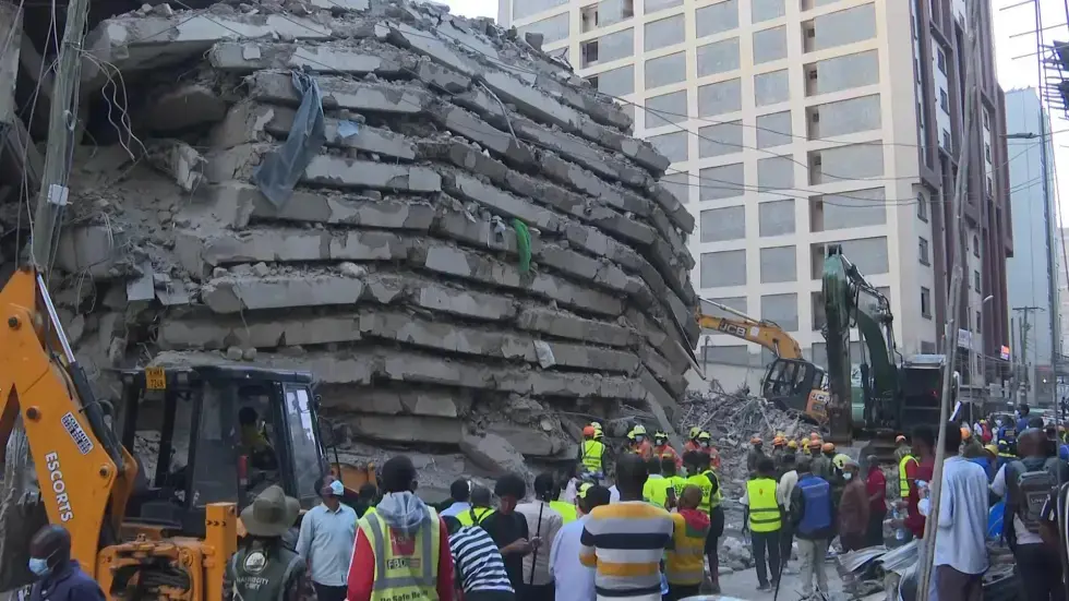 Image from AP's coverage: Many feared trapped as a tall building collapses in Kenya