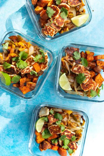 Halloumi and sweet-potato Tex-Mex bowls