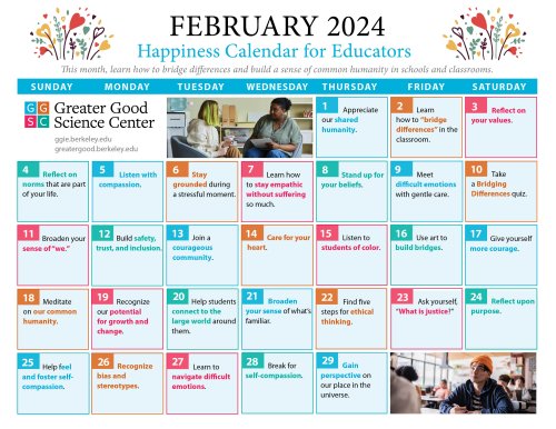Happiness Calendar for Educators for February 2024