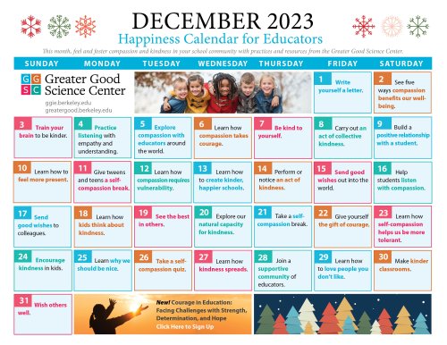 Happiness Calendar for Educators for December 2023