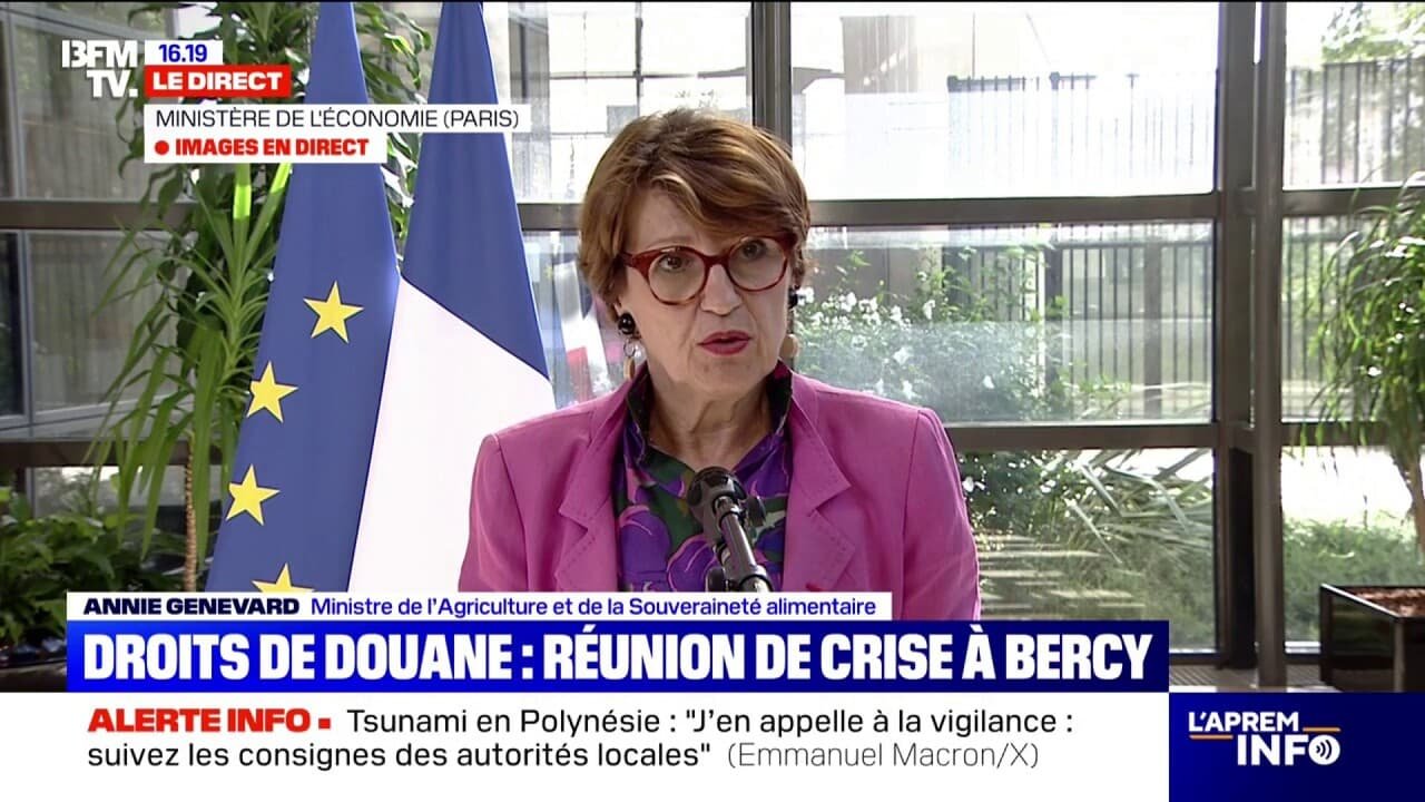 Droits de douane de 15% pour l’UE: Annie Genevard, ministre de l’Agriculture, espère que ce montant « restera un plafond et que ça n’ira pas au-delà »
