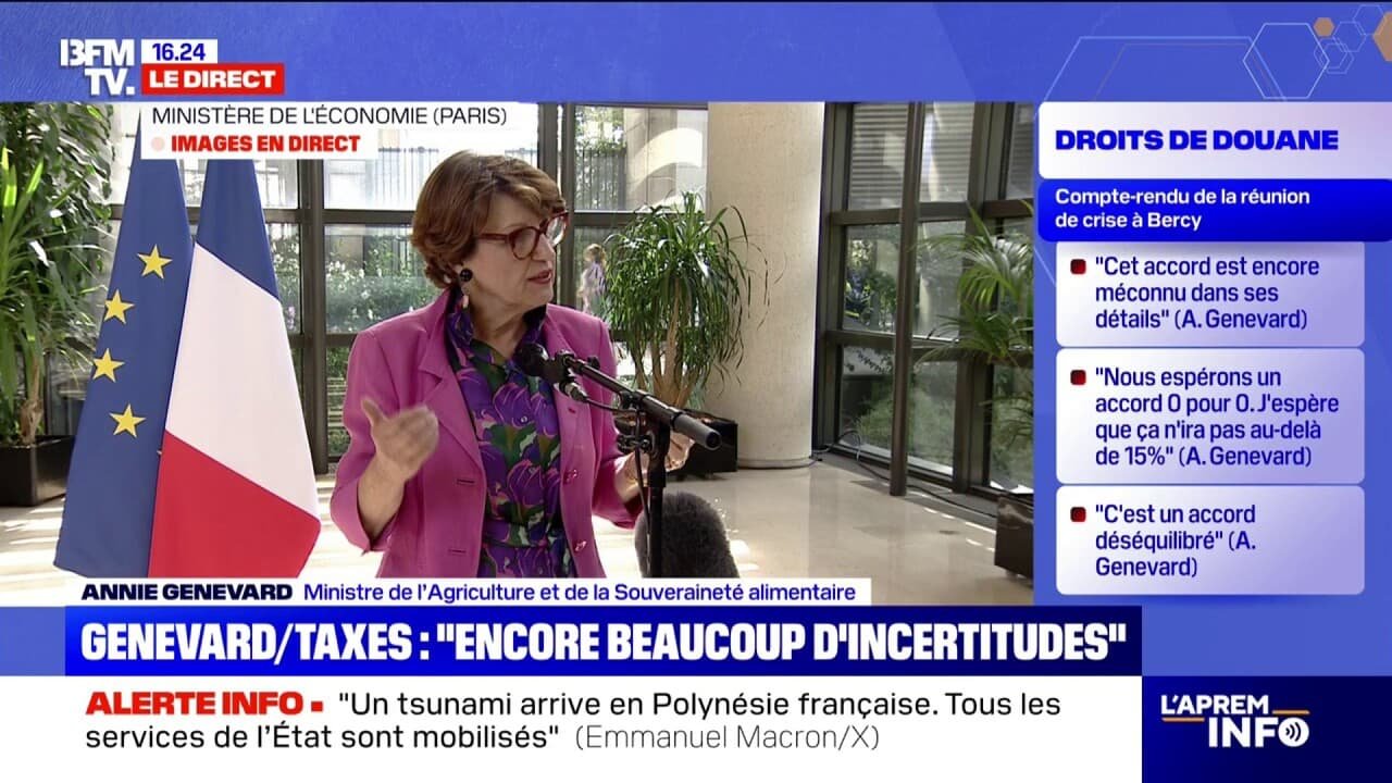 Droits de douane de 15% pour l’UE: « Tout est encore ouvert à la négociation », indique Annie Genevard, ministre de l’Agriculture