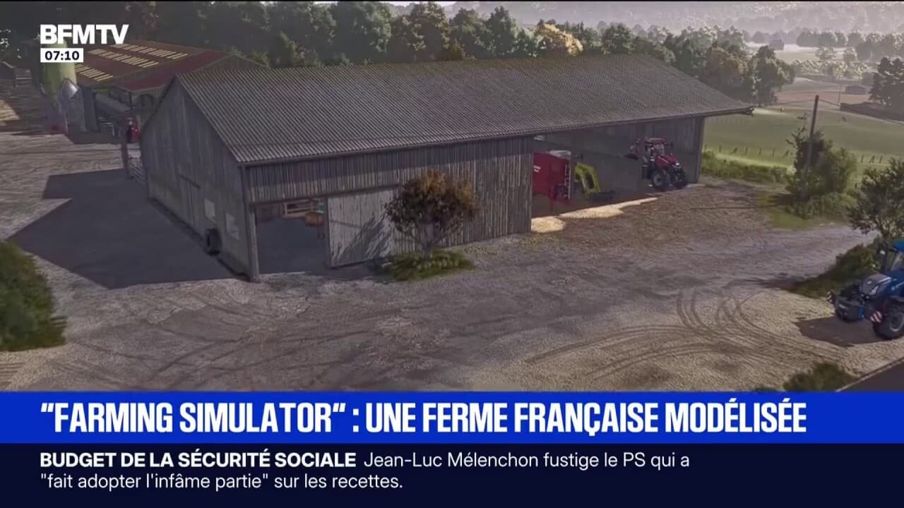 Une ferme française située dans la Sarthe modélisée dans le jeu vidéo « Farming Simulator »