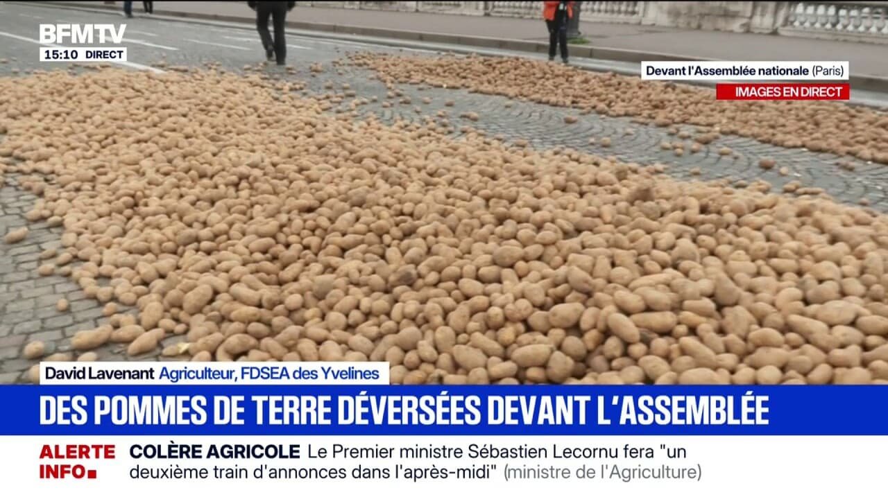 Colère agricole: des pommes de terre déversées devant l&rsquo;Assemblée nationale par des agriculteurs de la FNSEA