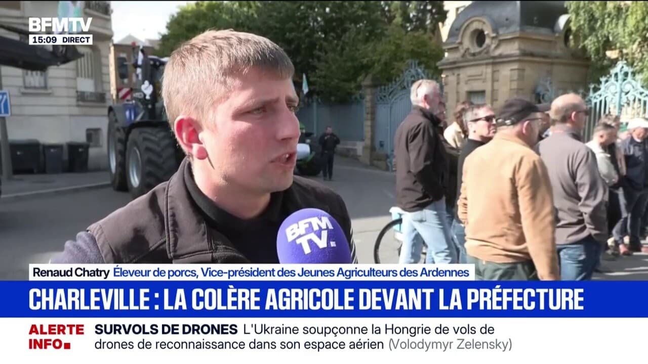 Mobilisation agricole: « On n’arrive pas à se faire entendre et c’était l’objectif aujourd’hui », assure Renaud Chatry, éleveur de porcs, devant la préfecture des Ardennes à Charleville-Mézières