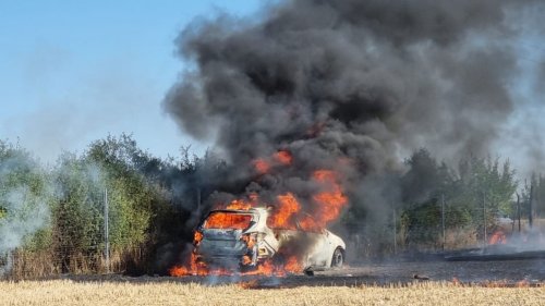 Brennendes Auto setzt Feld in Flammen