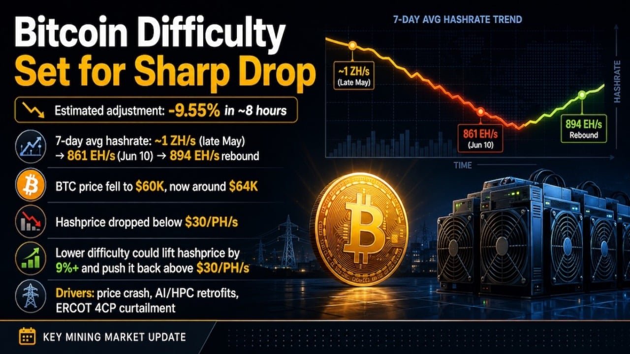 Bitcoin Mining Difficulty Set for Steep Drop as Hashrate Slides After Price Crash
