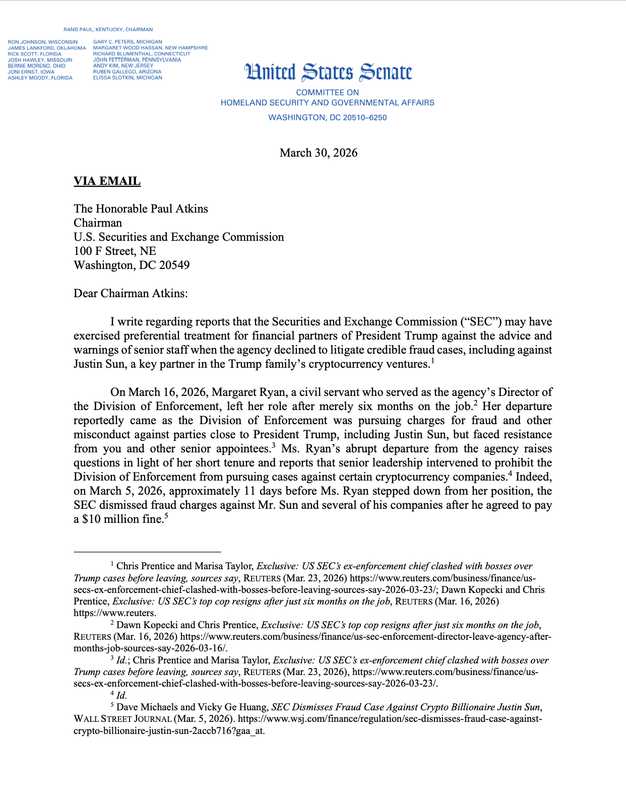 SEC Questioned Over Treatment Of Trump’s ‘Crypto Backers’ Amid Enforcement Chief Exit