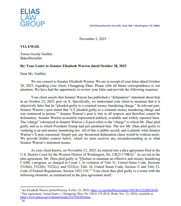 Sen. Warren’s Lawyer Dismisses CZ’s Defamation Threat As Baseless