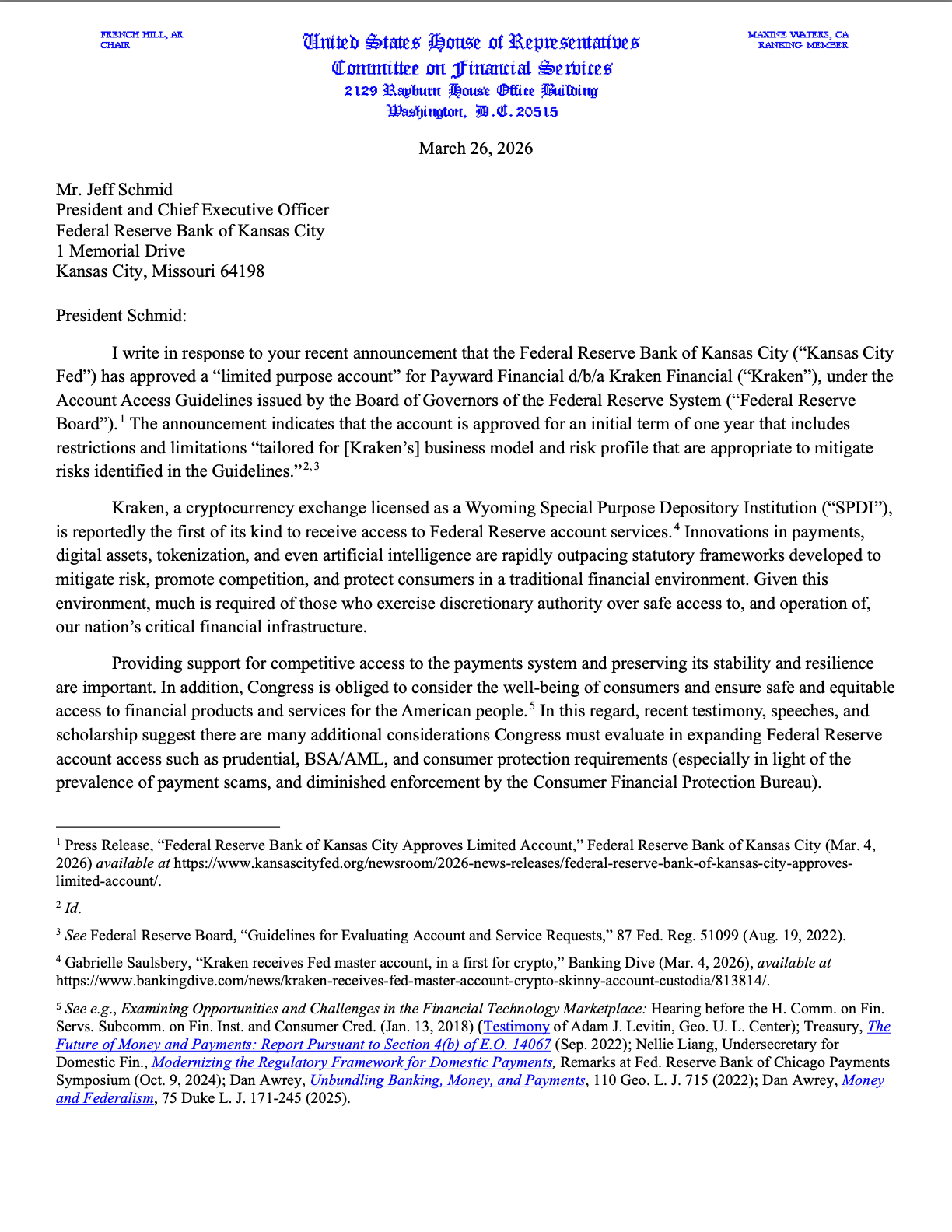 Top House Democrat Questions Kansas City Fed’s Approval Of Kraken Master Account