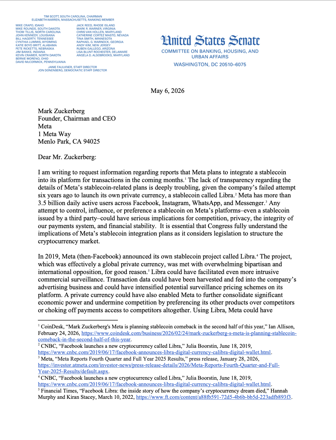 Meta’s 2026 Stablecoin Push Faces Senator Warren Scrutiny Over Financial Stability Risks