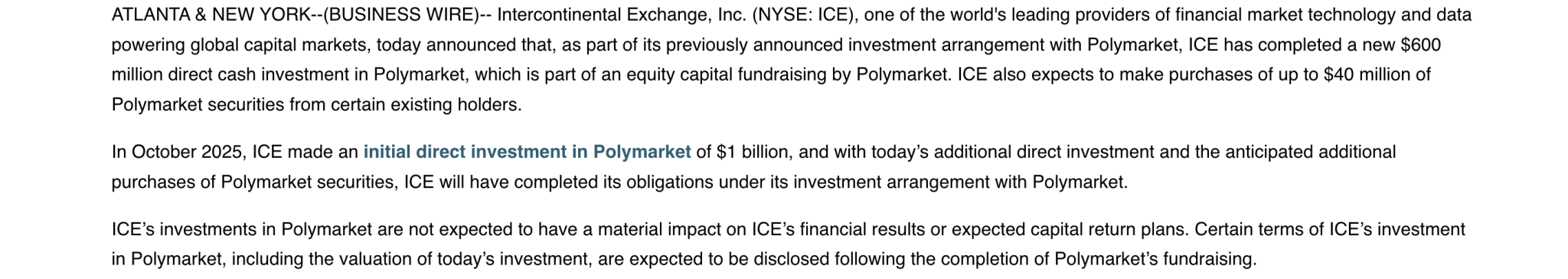 NYSE Parent Firm ICE Finalizes $600M Investment In Polymarket — Details