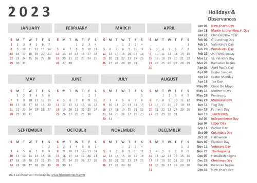 2023 Calendar with Holidays Printable - Federal Holidays & Observances