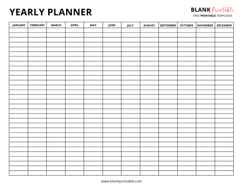 Printable Yearly Planner Template Free | Blank Yearly Calendar One Page