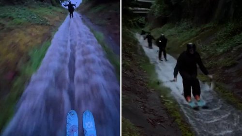 Waghalsiger Stunt in Kanada: Freeskier brettern voll Karacho Bach hinunter – in Vollmontur!