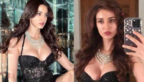 Disha Patani Raises The Heat In A Black Corset Top With Deep Plunging Neckline And A Sarong Skirt