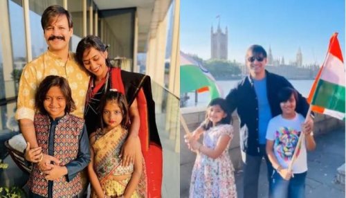 Vivek Oberoi Waves Indian Flag With Kids, Vivaan And Ameyaa Outside The British Parliament In London