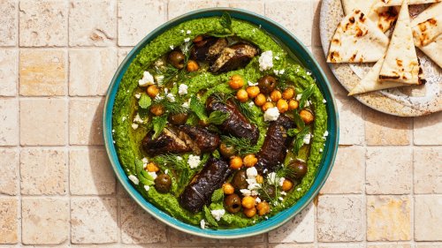 Green Hummus With Sizzled Dolmades