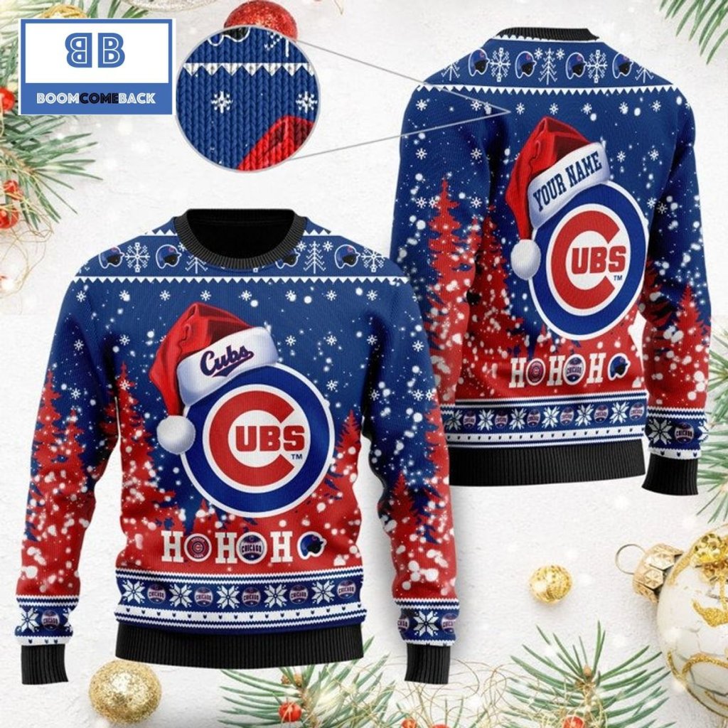 Chicago Cubs Santa Claus Hat Ho Ho Ho 3D Custom Name Ugly Christmas Sweater