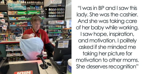 Discussion Online Ensues After A Pic Of A Woman Working At A Gas Station With A Newborn In Her Arms Goes Viral
