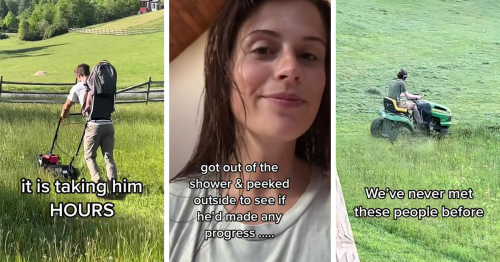 Kind Strangers Jumped In To Help This Dad Who Bought A Way-Too-Tiny Lawn Mower