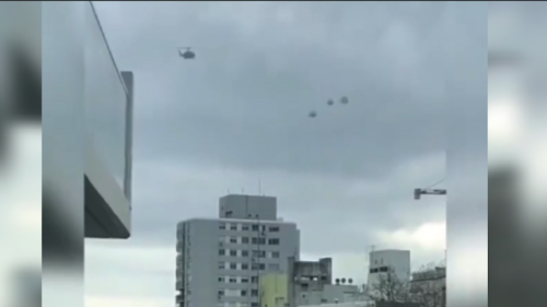 Helicopter Circling 3 UFO Spheres Downtown in Public